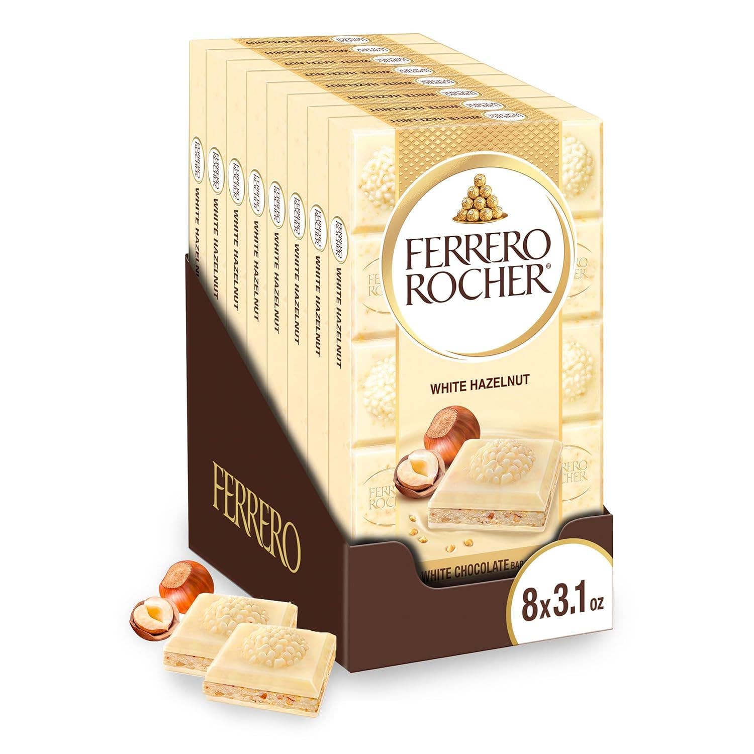 Long Island Candy Factory - Vendita all'ingrosso Barretta di cioccolato - Barretta di cioccolato premium Ferrero Rocher bianco con nocciole 3,1oz 8 pezzi0