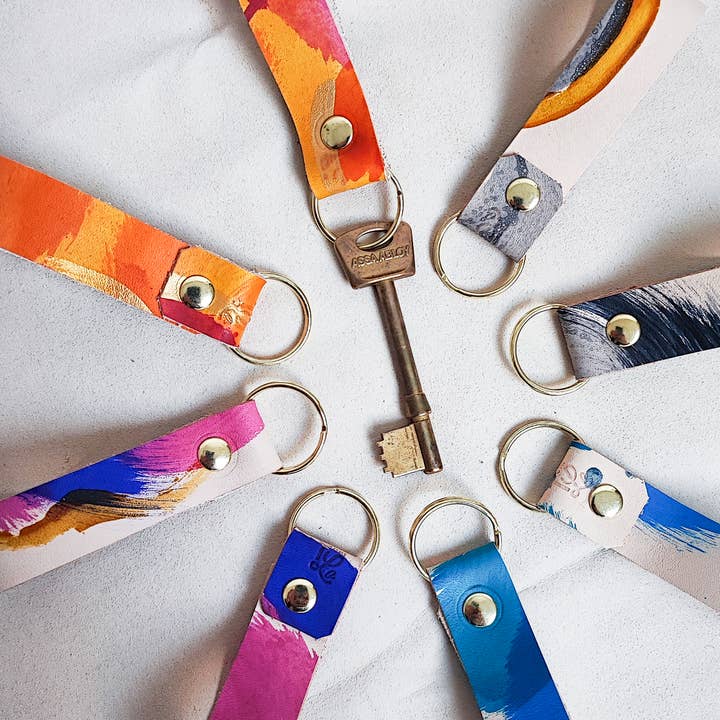 Leather Fob Keyring. Handpainted leather Keyfob for wholesale by Tori Lo Designs