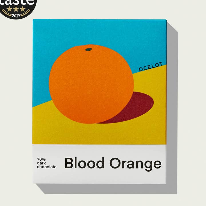 Blood Orange - award winning Organic 70% dark choc bar, 70g for wholesale by Ocelot Chocolate