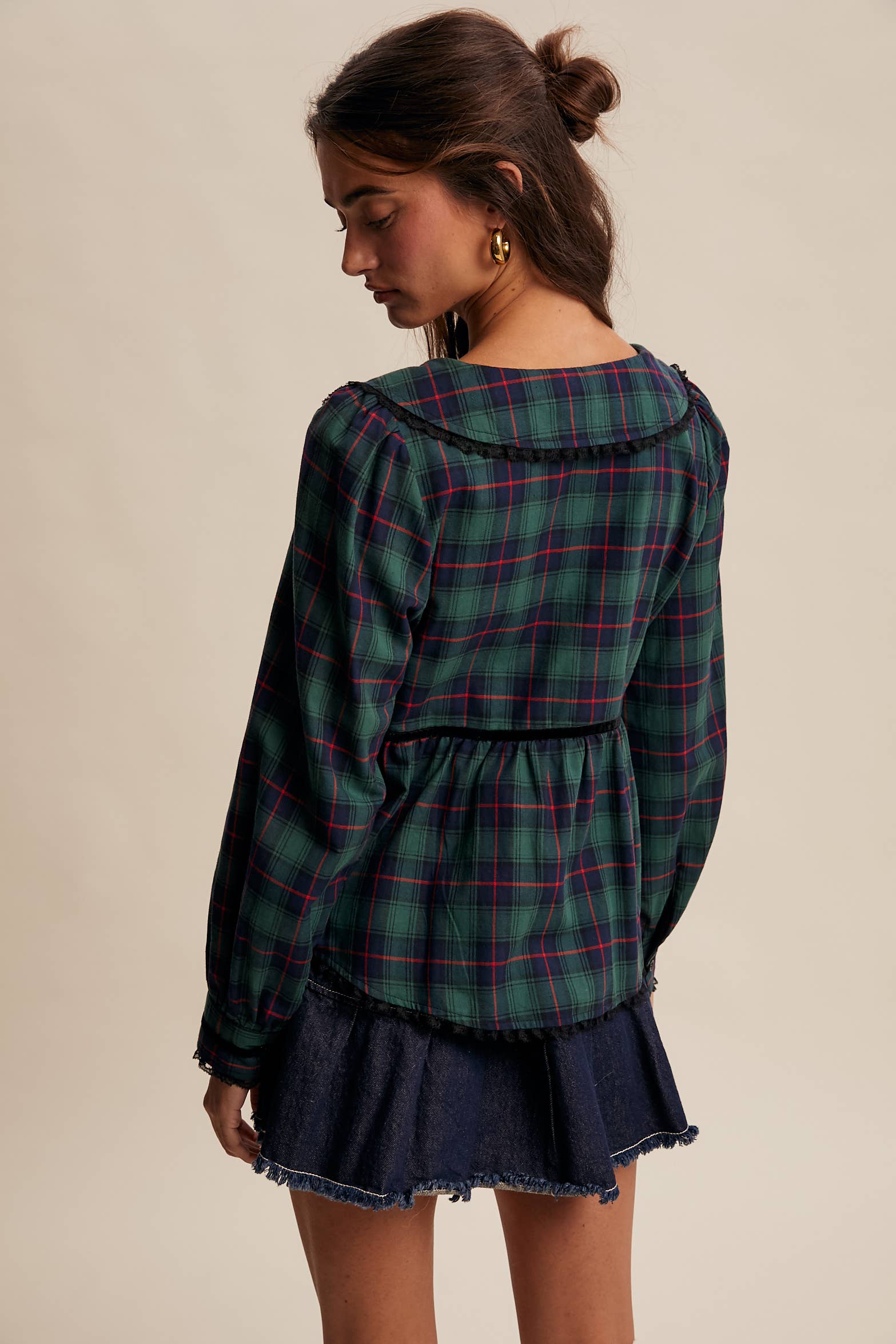 Listicle - Wholesale Blouse - Women's - Plaid Velvet Trim Holiday Blouse LT144616