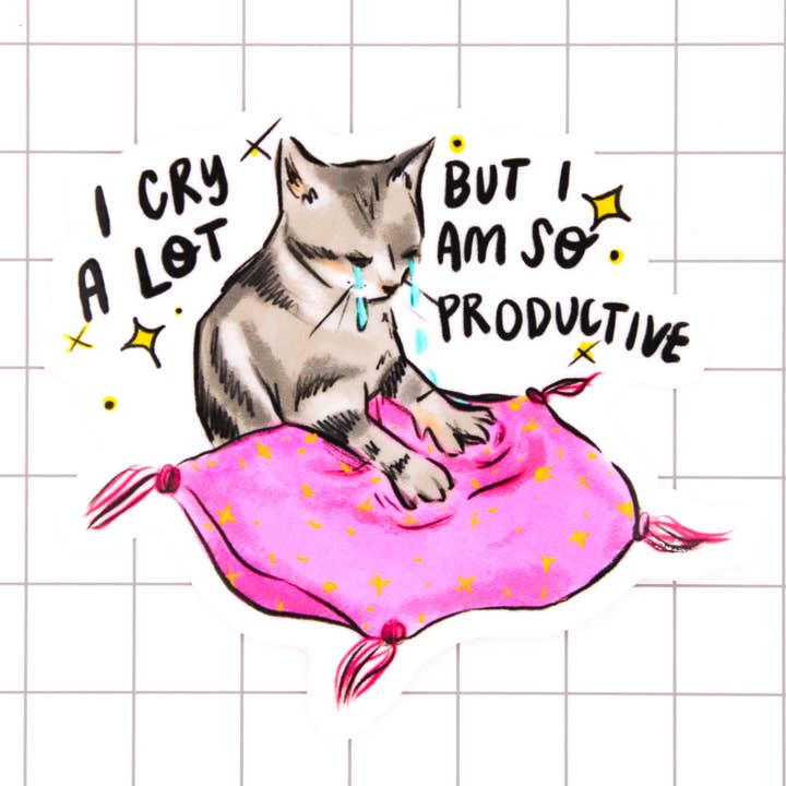 I Cry A Lot Cat Vinyl Sticker for wholesale by Amy Hartelust Art and Illustration