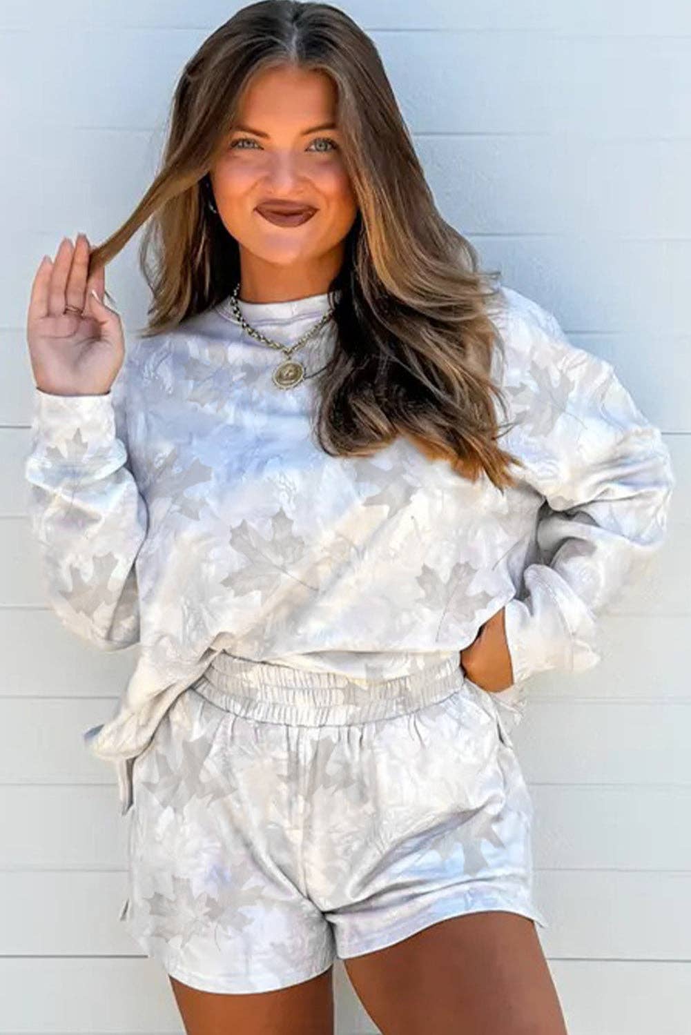 Beige Camo Print Lounge Pullover and Elastic Waist Short Set for wholesale on Faire6