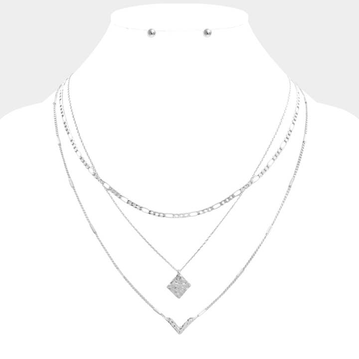Metal Square Chevron Pendant Triple Layered Necklace for wholesale by Sensibling Corp.