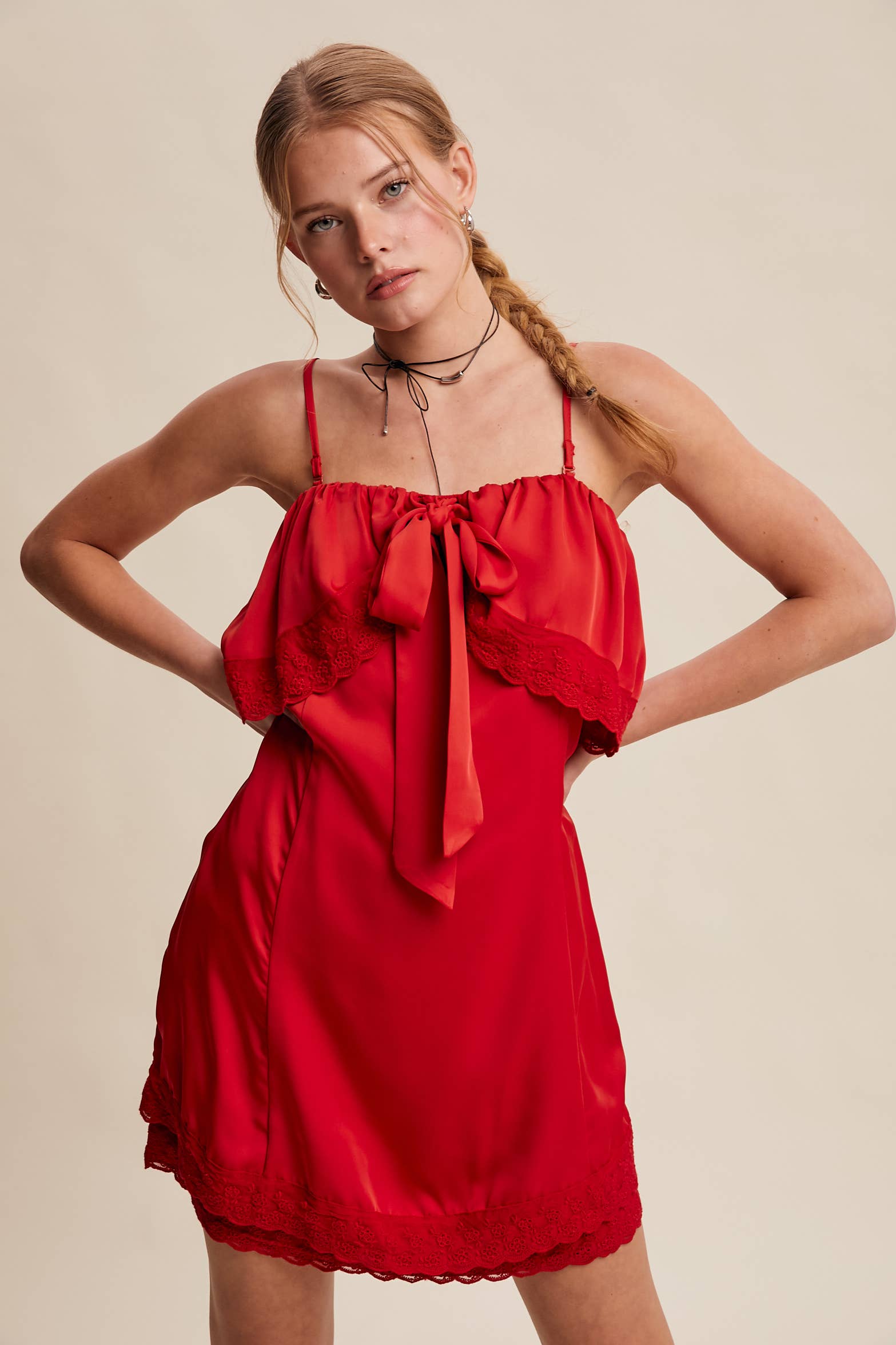 Listicle - Wholesale Dress - Women's - Bow Front Lace Trim Mini Dress LD106323