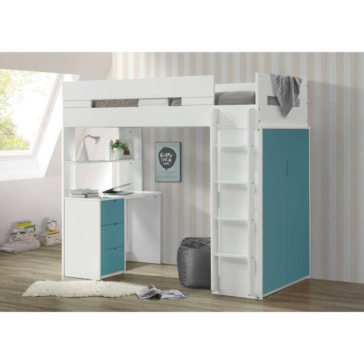 Greenwestons - Vente Lit – enfant et bébé - Lit mezzanine jumeau bleu sarcelle et blanc avec bureau1