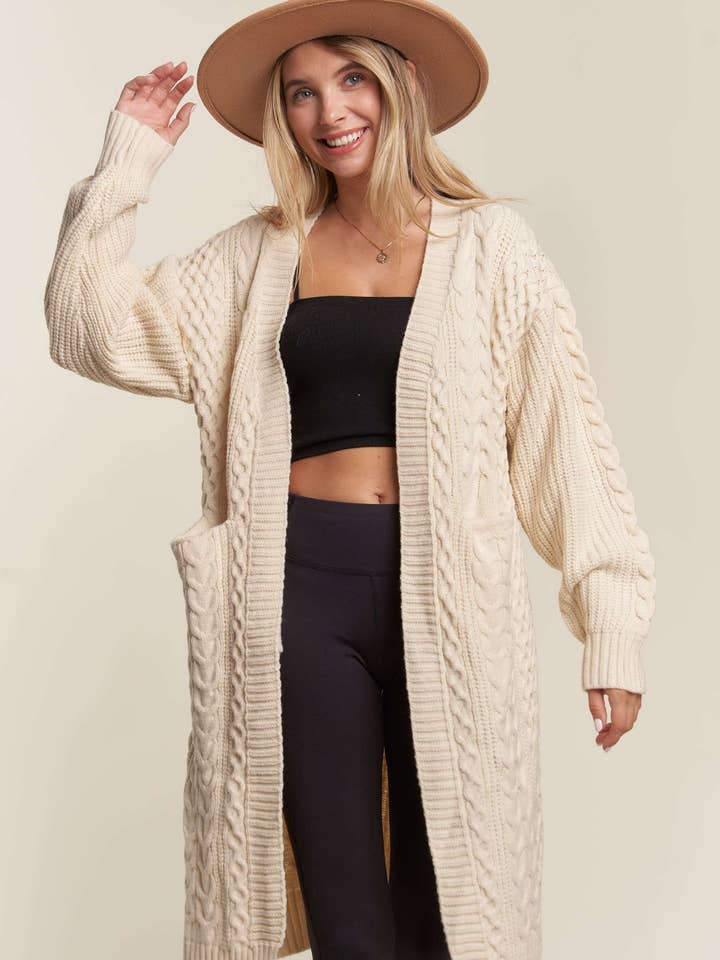 Madelyn - Wholesale Cardigan - Women's - LESW3449A - CABLE KNIT LONG SWEATER CARDIGAN