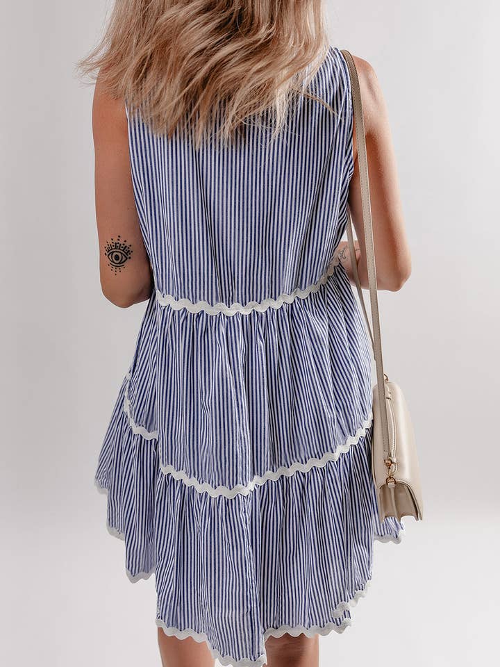 Blue Stripe Sleeveless Notched V Neck Contrast Ric Rac Mini Dress for wholesale on Faire