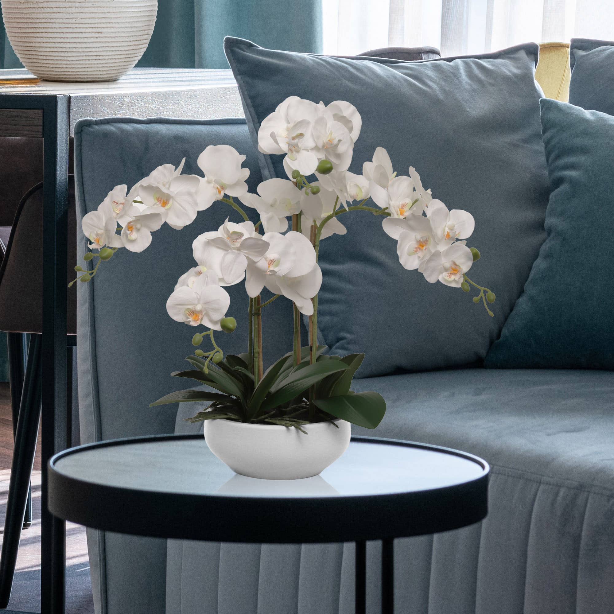 Larksilk – wholesale Artificial flowers – 20" White Phalaenopsis Orchid Flowers In 8" Round White Pot2