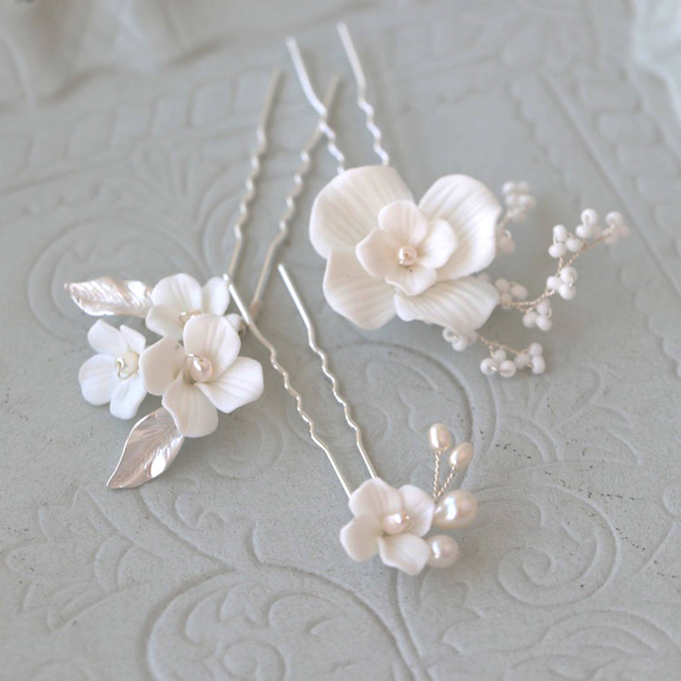 LanLivia – wholesale Hair pin – Handmade ceramic white flowers bridal hairpins-One set of 3-Gold n Silver7