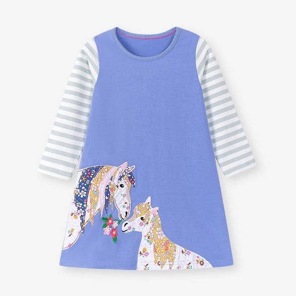 Autumn and Spring Arrival Color Patchwork Horse Cartoon Pattern Long Sleeves Dress for Stylish Girls for wholesale by MyKids-USA®