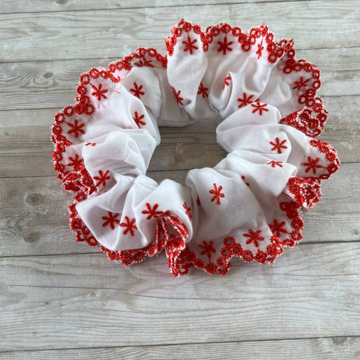 Scrunchie Frayed Edge Vintage Eyelet Red and White for wholesale by Open Window Studios