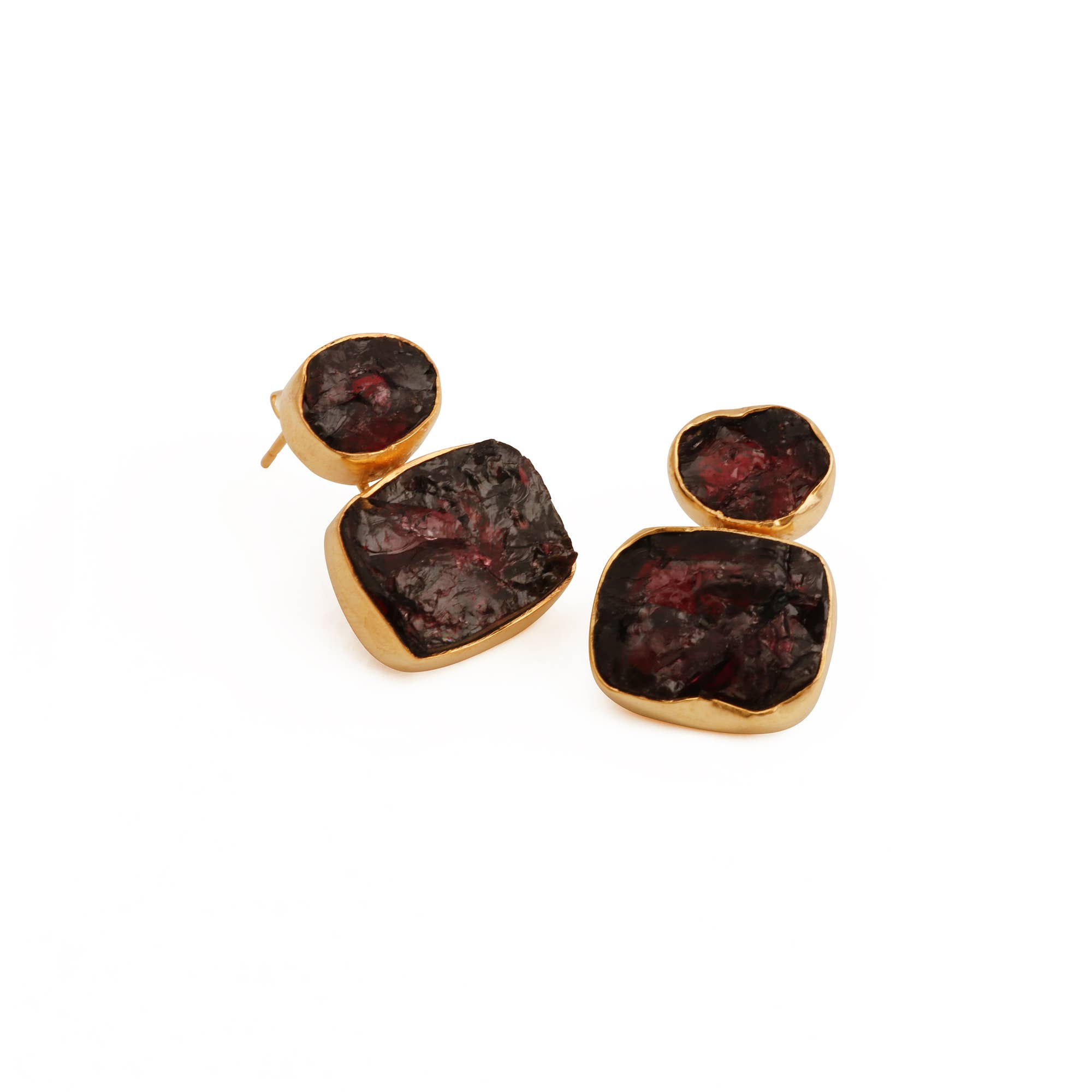 El Joyero - Wholesale Stud/Post Earrings - January Birthstone Raw Garnet Gemstone Gold Plated Studs3