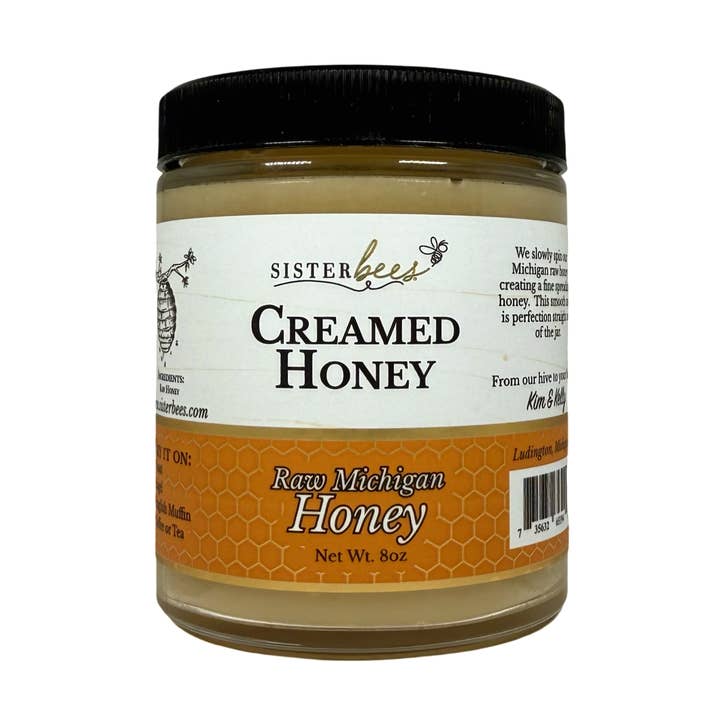 Michigan Creamed Honey 8oz jar for wholesale by Sister Bees LLC