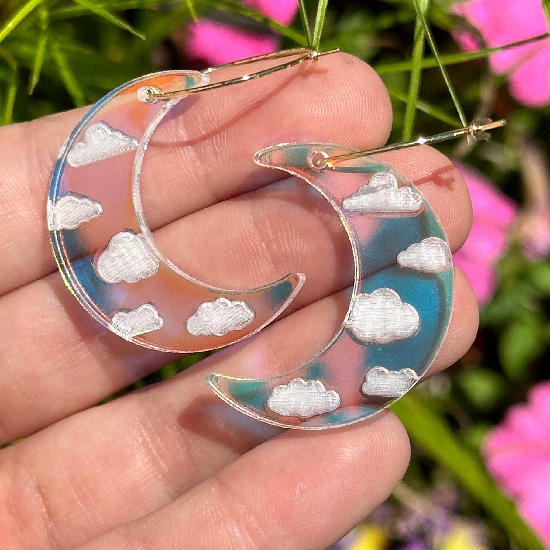 ShlemonArt - Wholesale Hoop Earrings - Iridescent Acrylic Cloudy Moon Hoops3