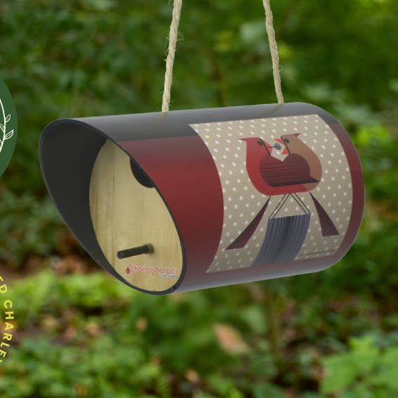 Charley Harper “Red Bird Romance” Birdhouse - 1.25" opening for wholesale by RCS Gifts