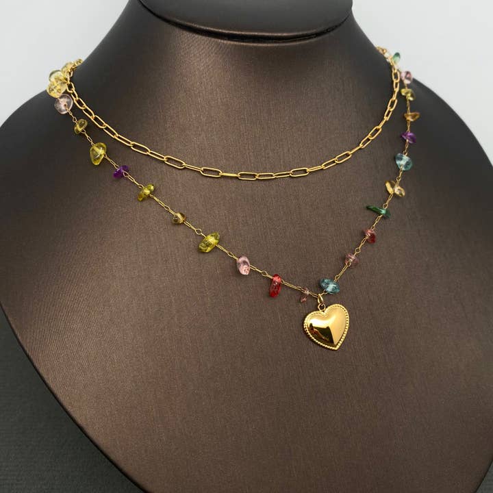 Collar de doble capa con cuentas de cristal en forma de corazón y oro de 18K - FGS para venta al por mayor de Mio Queena