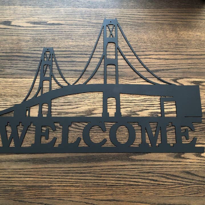 Welcome Mackinac Bridge Metal Sign for wholesale by Rebel Metal Gifts & Decor