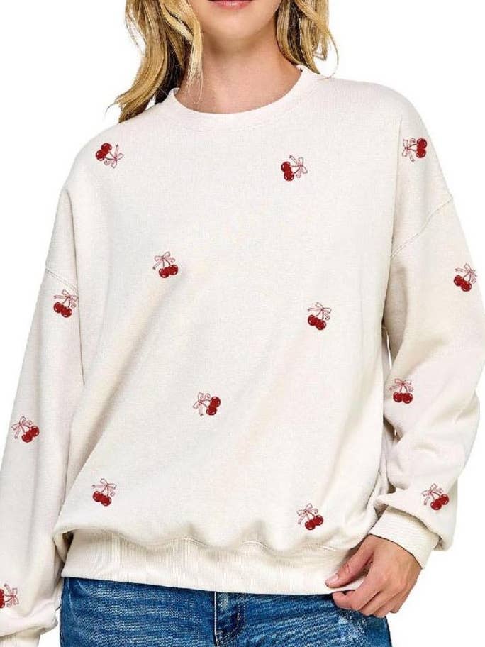 Fleece Relaxed Fit Sweatshirt With Cherry Emb for wholesale by Vanilla Monkey