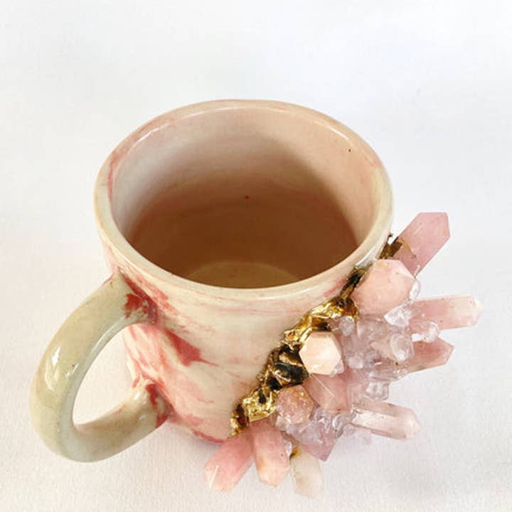 The Tangerine Store - Vendita all'ingrosso Tazza - Set di 2 | Tazza grande in ceramica effetto marmo rosa personalizzata per caffè/tè/succo con quarzo rosa/agata placcato oro semi-prezioso | 11 oz/325 ml