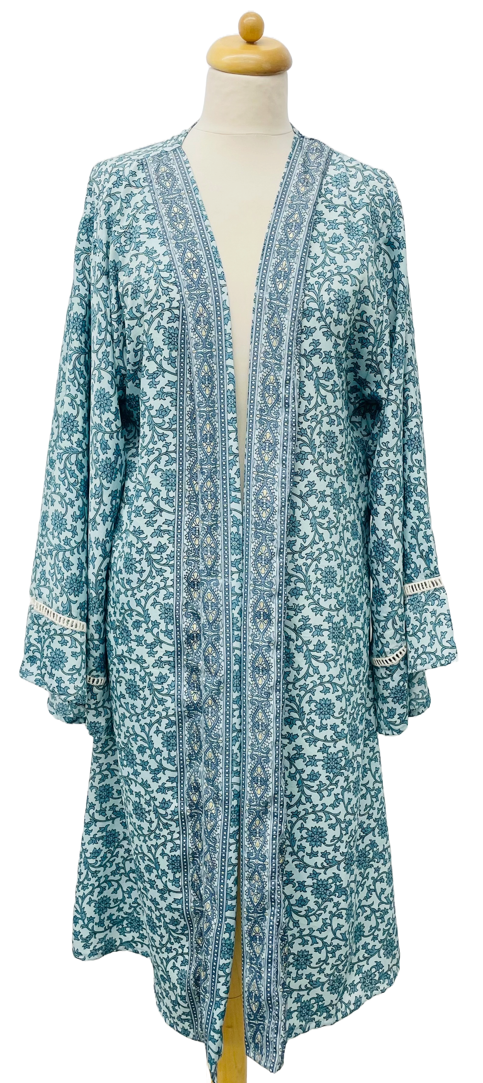 (TURQUOISE - ROSE - VERT AQUA) Kimono long femme en soie froide 100 % à imprimé floral en vente sur Faire5