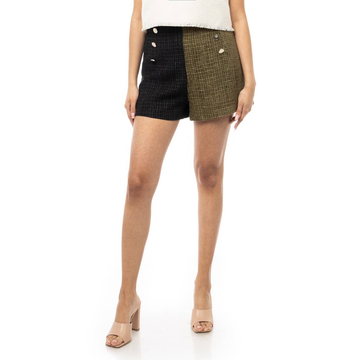 Naked Zebra - Vendita all'ingrosso Pantalone - Donna - Pantaloncini bicolore in tweed a vita alta