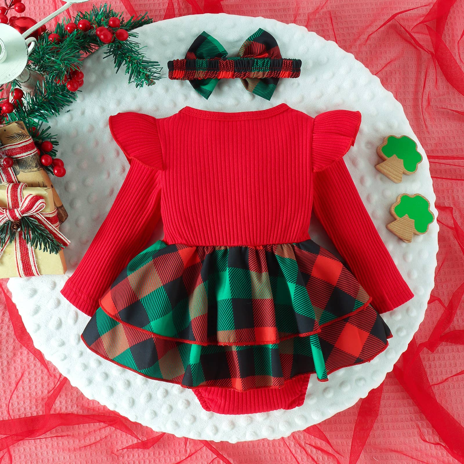 Fennco Styles - Wholesale Clothing Set - Baby - Red Holiday Plaid Ruffled Baby Romper Dress & Headband2