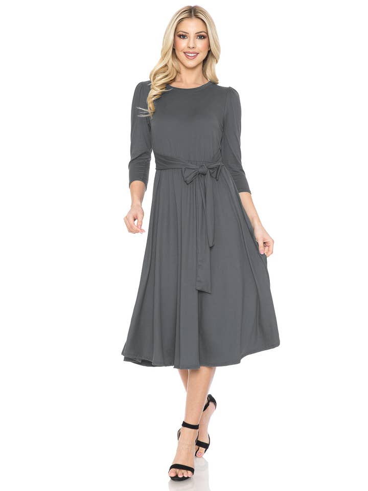 Allium - Wholesale Dress - Women's - A Line Midi Dress with Shirred Shoulder7