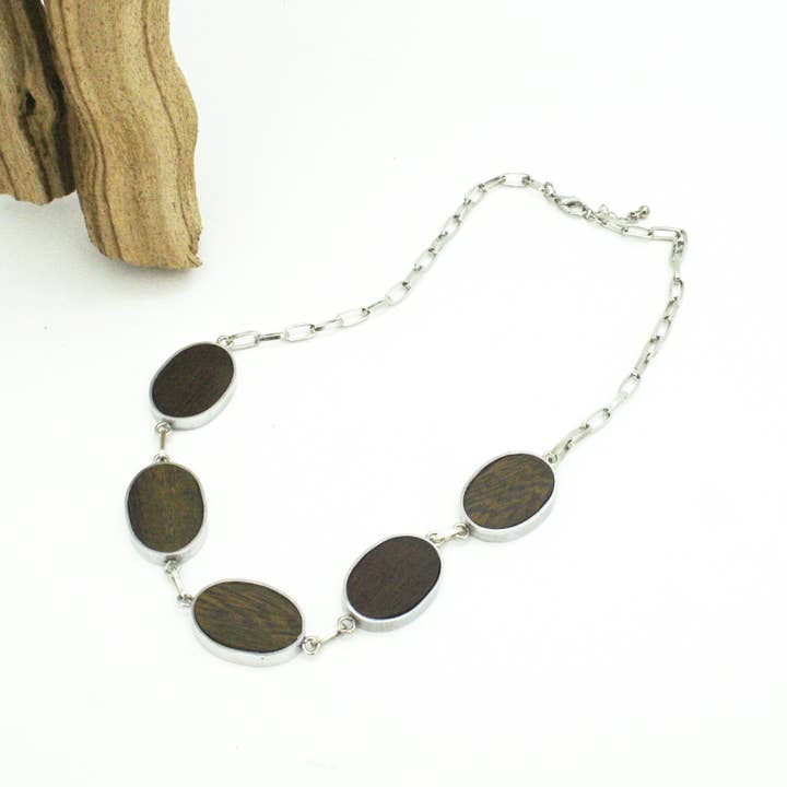 Aluminum Oval Robles Wood Necklace for wholesale by Modern World by Contrast Inc.