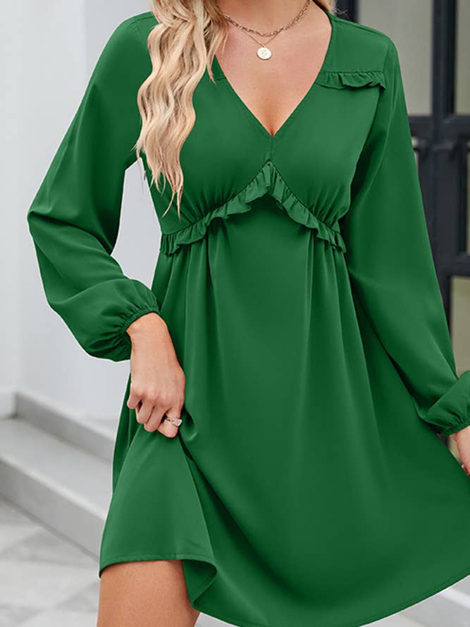 UNISHE - Wholesale Dress - Women's - V Neck Ruffle Smocked Dress ZK4583