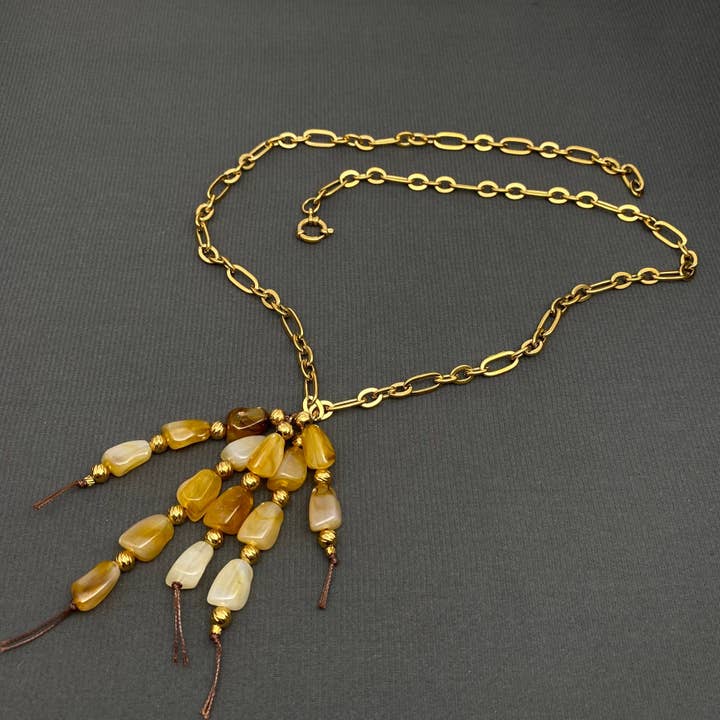 Mio Queena - Wholesale Pendant/Charm Necklace - Resin Fringe 18K Gold Plated SS Long Chain Necklace - FGS