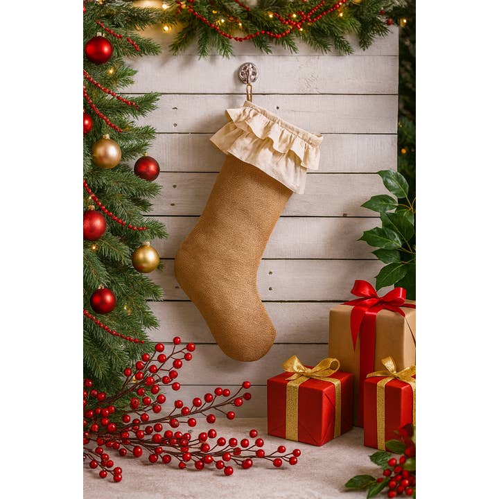 Natural Cotton Jute Ruffle Christmas Stocking for wholesale by Fennco Styles