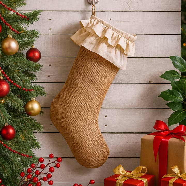 Natural Cotton Jute Ruffle Christmas Stocking for wholesale by Fennco Styles
