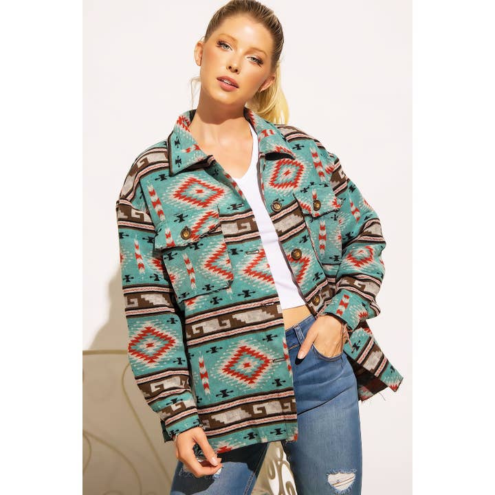 TRIBAL AZTEC PATTERN BUTTON DOWN SHIRT JACKET for wholesale by Sweet Generis