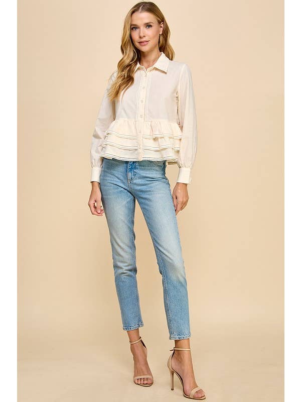 TCEC - Wholesale Button Down Shirt - Women's - CT9128-Button Up Long Sleeve Peplum Waist Top9