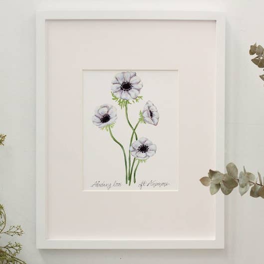 Hvid Anemone - Abiding Love - Uindrammet lodret blomsterprint for engroshandel hos Meredith Raiford Art