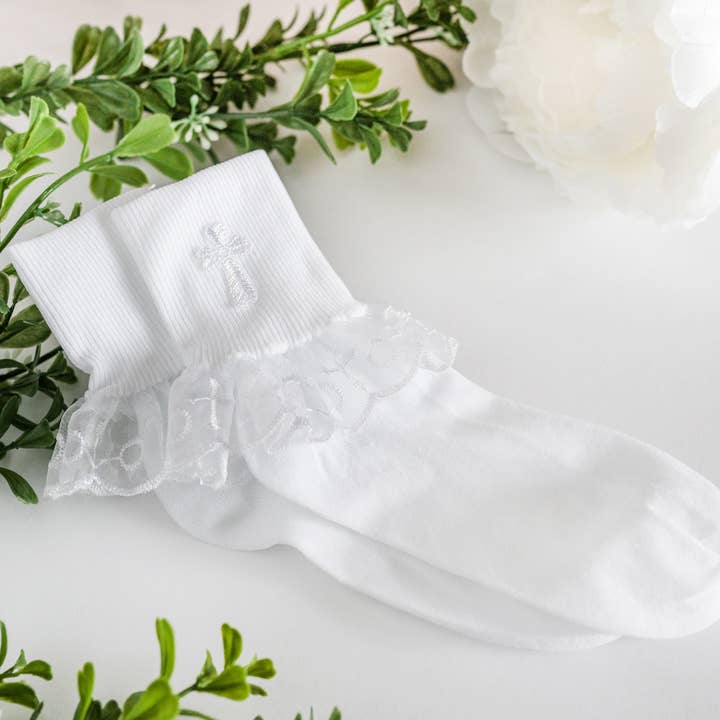 Cherished Moments - Wholesale Socks - Kids - White Girl's Lace First Communion Socks with Cross
