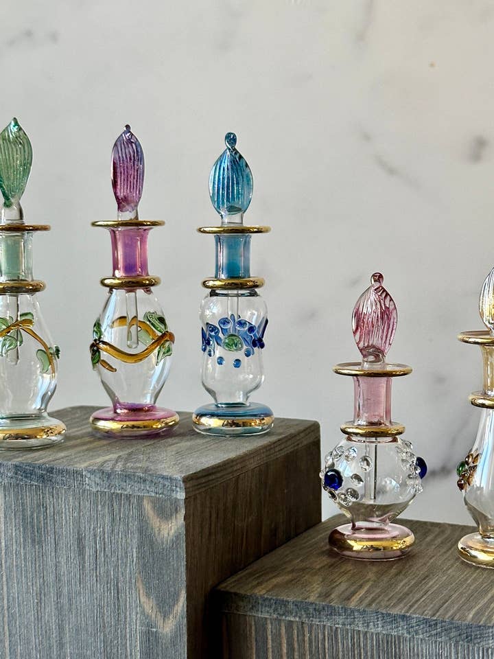 Miniature 5ML Assortment Gold Design Egyptian Handblown Glass Perfume Bottles, Set of Five Variety. for wholesale by Arabazaar Gallery LLC