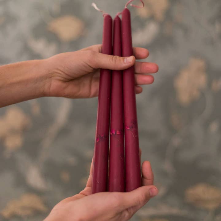 Galley and Fen - Wholesale Tapered Candle/Candlestick - Burgundy Floral Inlaid Candle - Set of 3