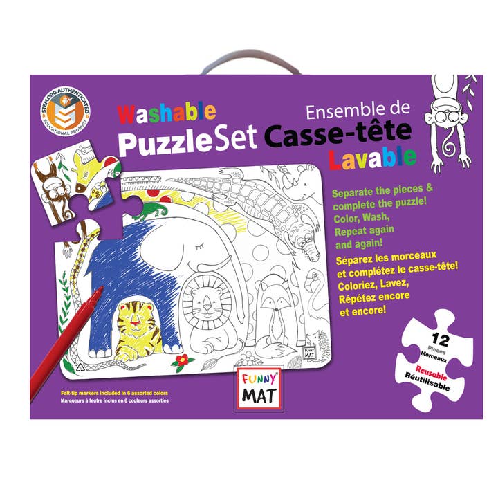 12 pc washable coloring puzzle set, cute animals, 6 markers for wholesale by Funny Mat