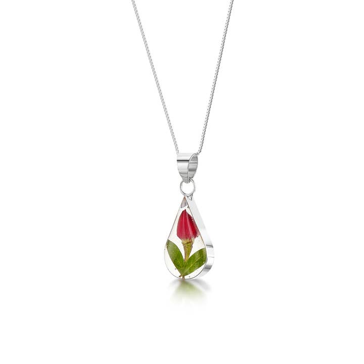 Silver Pendant Necklace - Rose Bud - Teardrop. for wholesale by Shrieking Violet