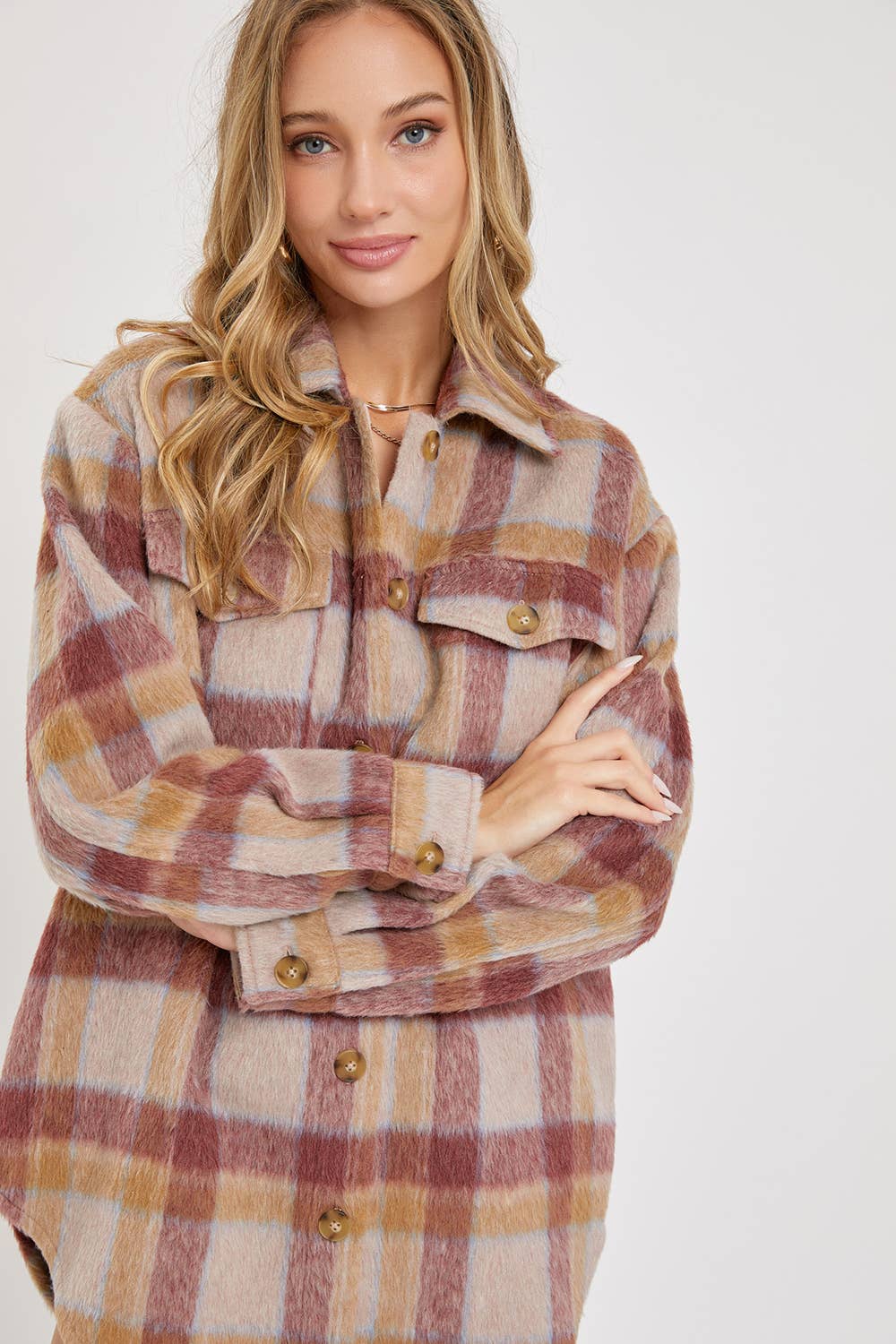 MAUVE BURGUNDY OUTERWEAR CLASSIC PLAID SHACKET/JACKET for wholesale on Faire12