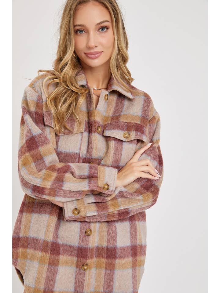 MAUVE BURGUNDY OUTERWEAR CLASSIC PLAID SHACKET/JACKET for wholesale on Faire12