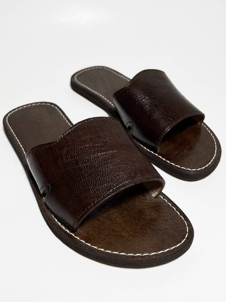 Woman Handmade Brown Leather Slide Sandals, Open toe Shoes for wholesale by Berberwoolrug