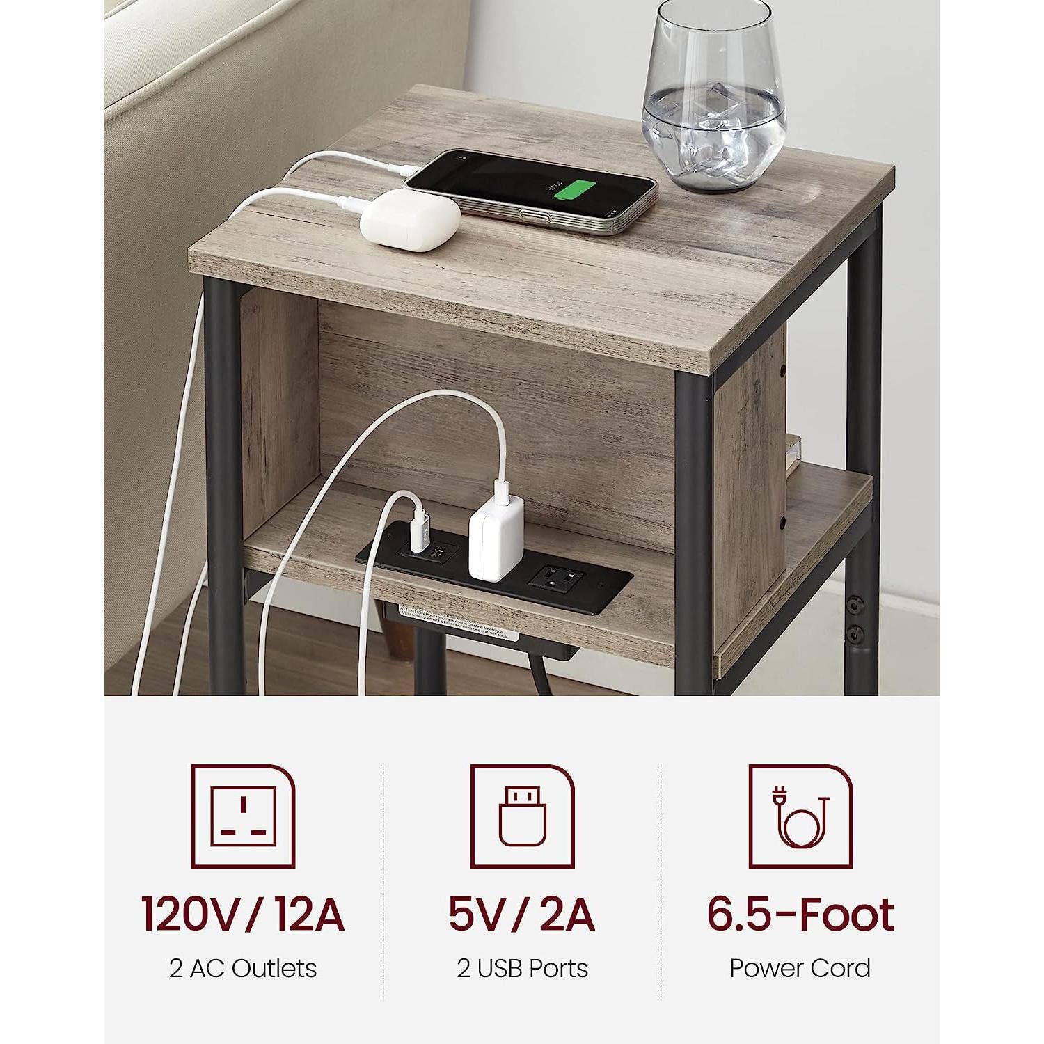Greige Black End Table With 3 Tier Charging Station USB And AC Outlets for wholesale on Faire2