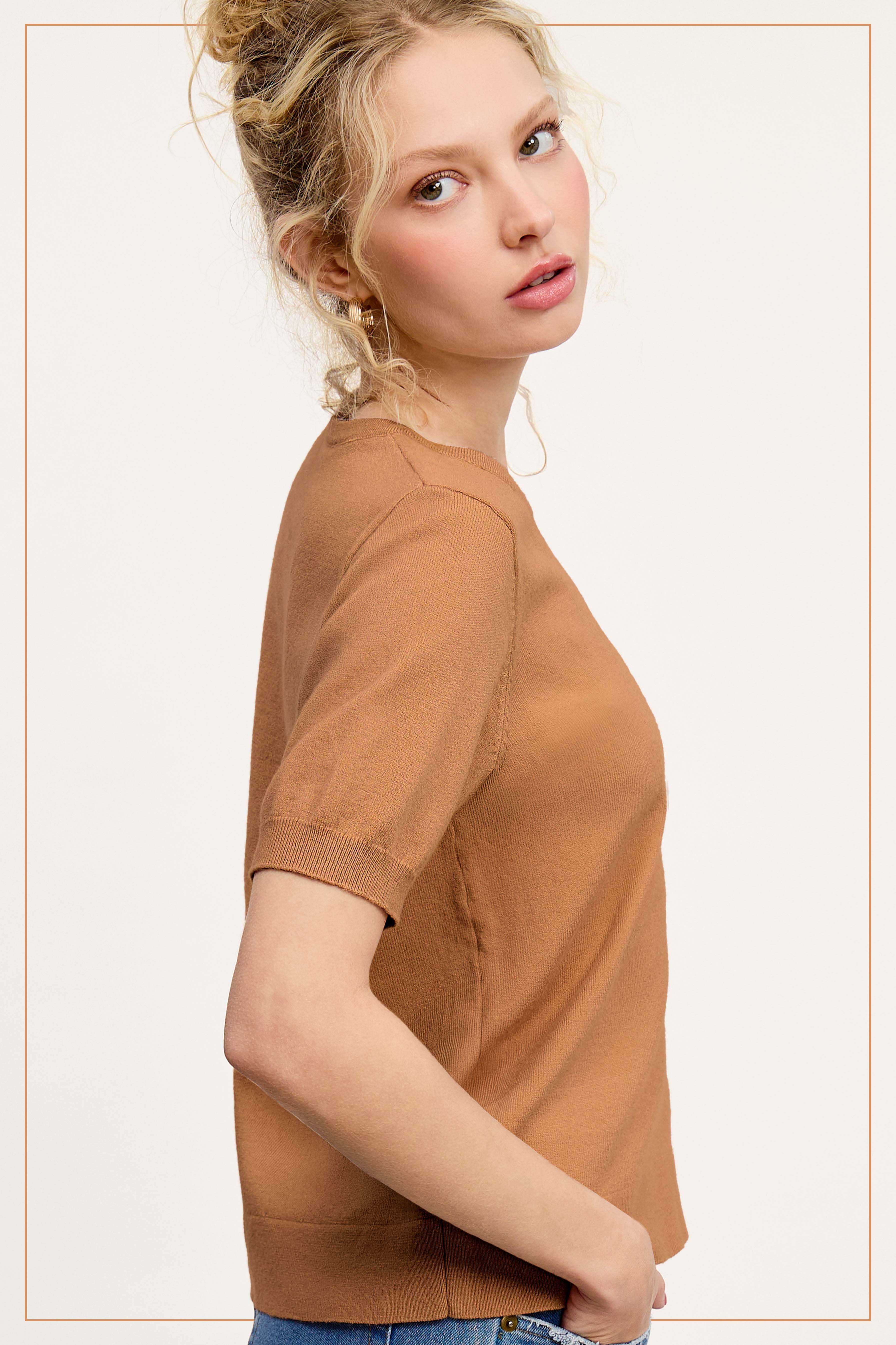 La Miel - Vente Pull en maille – femme - Haut en tricot extensible basique à manches courtes et bouffantes MCS360038