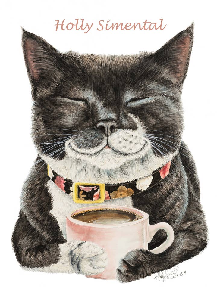 Cat Coffee Signed Archival Print by Holly Simental for wholesale by Holly Simental