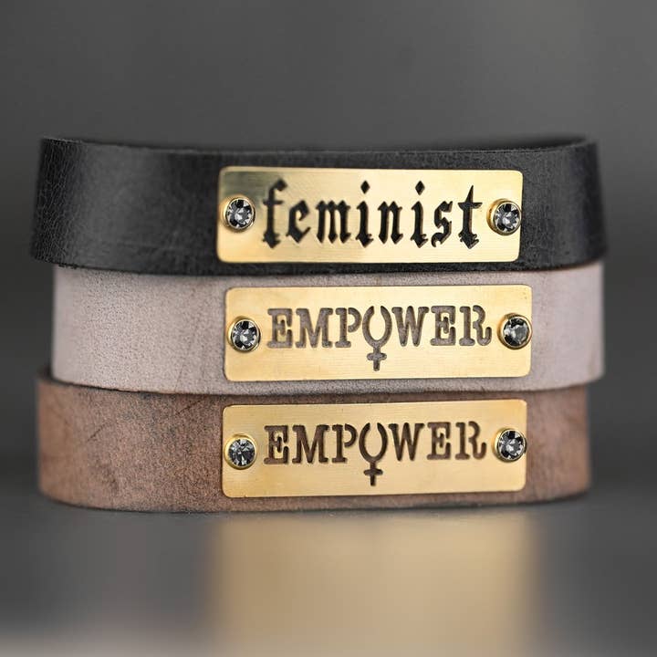 Empower/ Feminist Leather Stacker Cuffs w/ Crystal Rivets for wholesale by KBD Studio