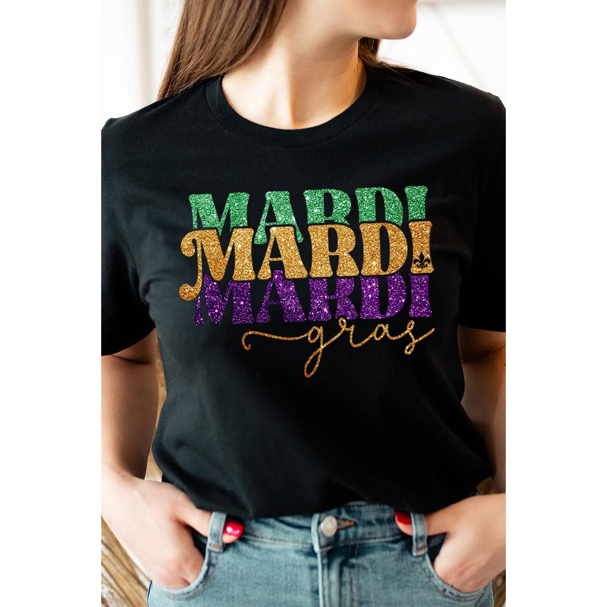 COLORBEAR - Wholesale Screen Printed T-Shirt - Women's - MARDI GRAS,FAUX GLITTER UNISEX SHORT SLEEVE,GRAPHIC3
