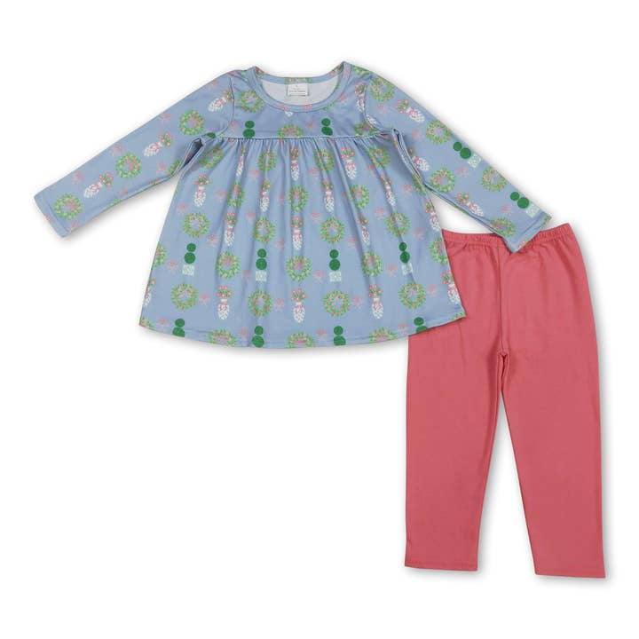 Long sleeves floral bow tunic leggings girls clothing for wholesale by Yawoo Garments