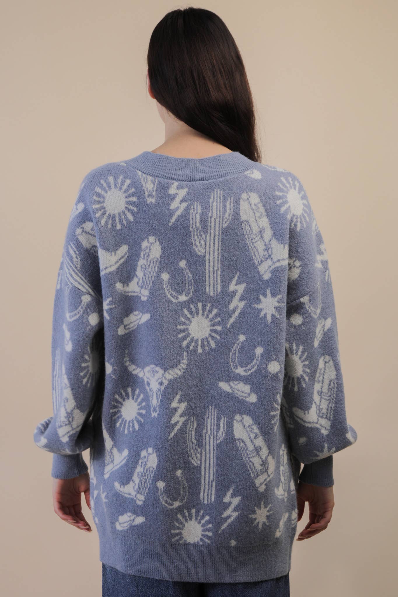 VERY J - Wholesale Cardigan - Dames - 12W3393N-Oversized Western Graphic Gebreide Trui Vest8